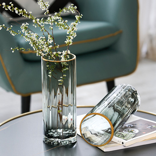 北欧轻奢竖棱玻璃花瓶透明简约创意描金水养玫瑰百合插花客厅摆件