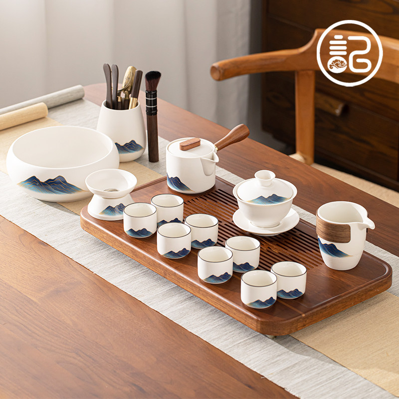 记今朝【隐山】家用功夫茶具套装整套白色茶杯盖碗茶壶办公套组
