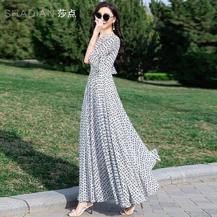 白色波点连衣裙长款到脚踝荷叶袖雪纺飘逸大摆裙显瘦长裙女新款