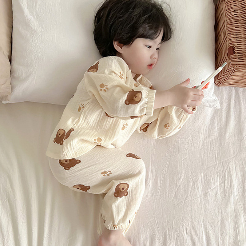 宝宝睡衣春秋薄款男童女童纯棉家居服长袖儿童空调服透气纱布套装