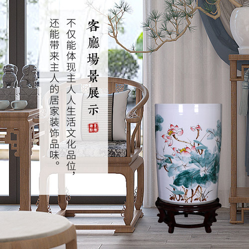 景德镇陶瓷手绘书画缸简约客厅落地大花瓶箭筒书房字画收纳桶摆件