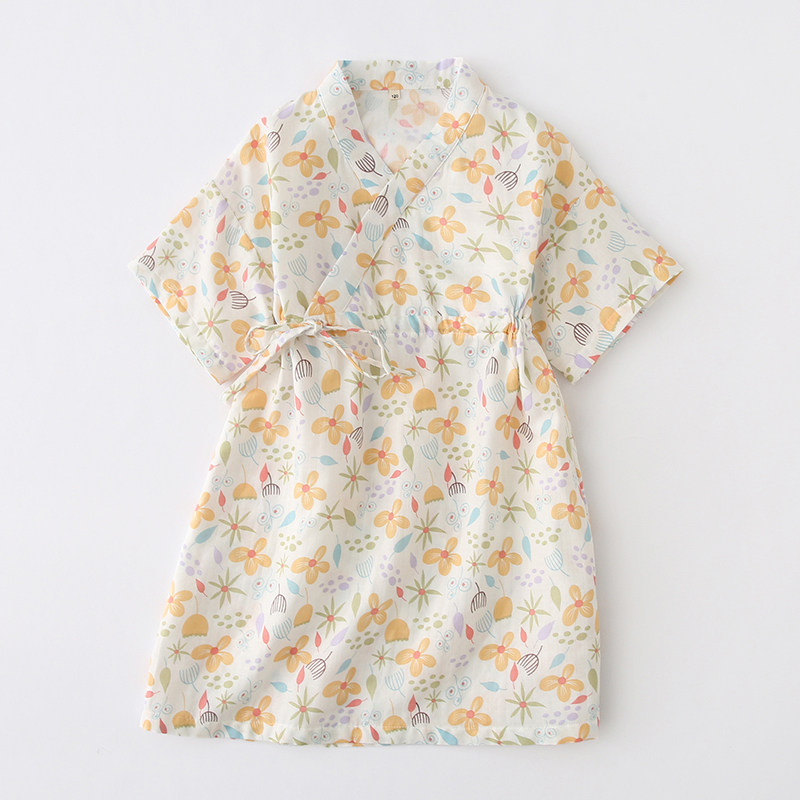 夏季薄款纯棉纱布女童短袖和服睡袍女孩睡裙儿童睡衣家居服亲子款
