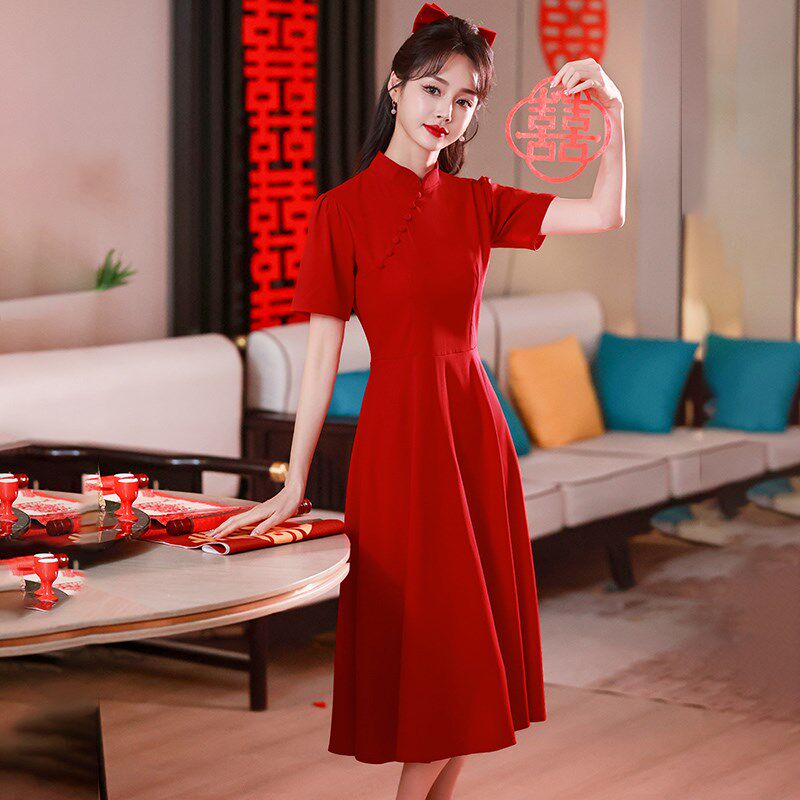 改良旗袍敬酒服新娘短袖结婚红色订婚礼服裙女小个子回门平时可穿