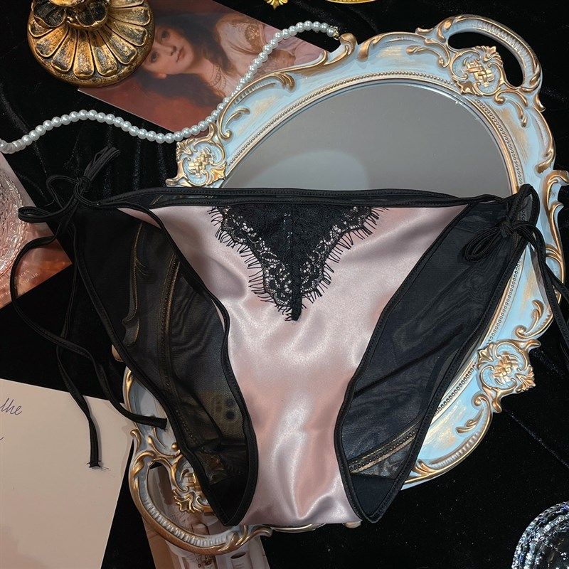高级感缎面珠光法式性感睫毛蕾丝两边系带可解开内裤女士网纱,女士内衣/男士内衣/家居服,女三角裤,淘宝优惠券,粉丝福利购,淘宝优惠卷