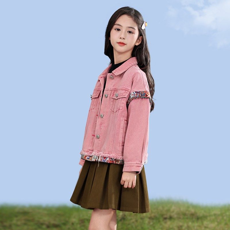 女童牛仔外套春秋款2024新款时髦洋气粉色女孩秋装儿童装上衣秋季