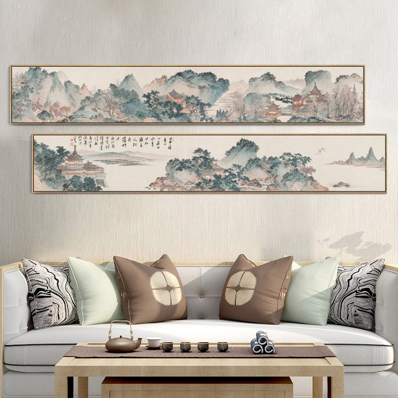 新中式客厅装饰画沙发背景墙窄长条横幅国画茶室禅意山水挂画带框