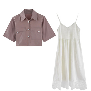 香芋紫短袖短款衬衫上衣配吊带裙白色连衣裙子套装仙女裙夏两件套