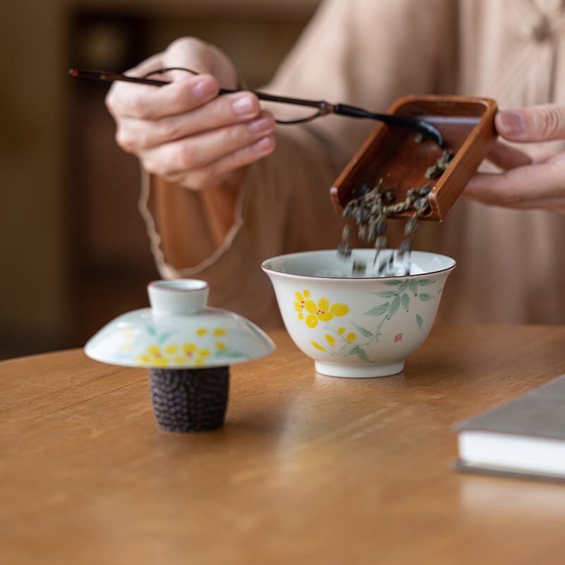 画续草木灰手绘槐花功夫茶二才泡茶盖碗茶具茶杯单个不烫手干泡碗