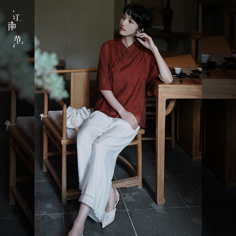 江南范新式红色改良倒大袖旗袍上衣2024年夏季年轻款百搭茶服小衫