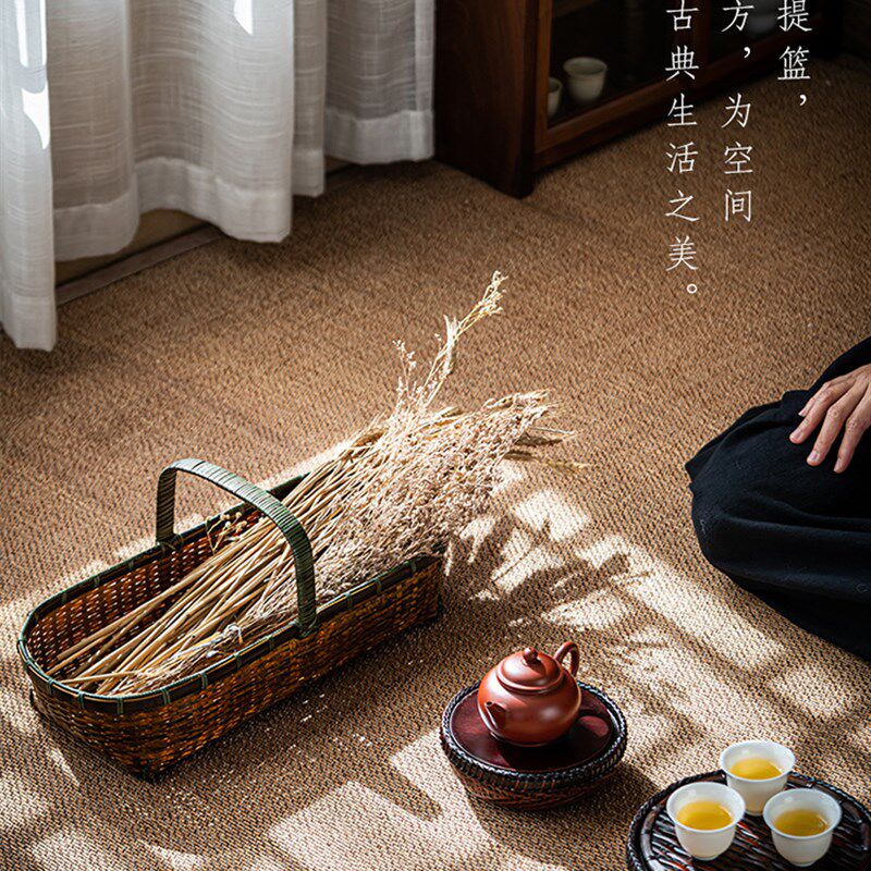竹编复古手提篮子精编迷你茶具收纳篮手工编织水果篮紫竹小收纳筐