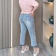 女夏装 新款 大码 梨形身材高腰九分牛仔裤 胖mm弹力显瘦毛边烟管裤 子