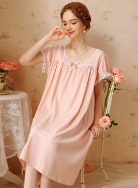 夏季女士白色法式宫廷风短袖睡裙女款纯棉宽松大码睡衣女夏家居服