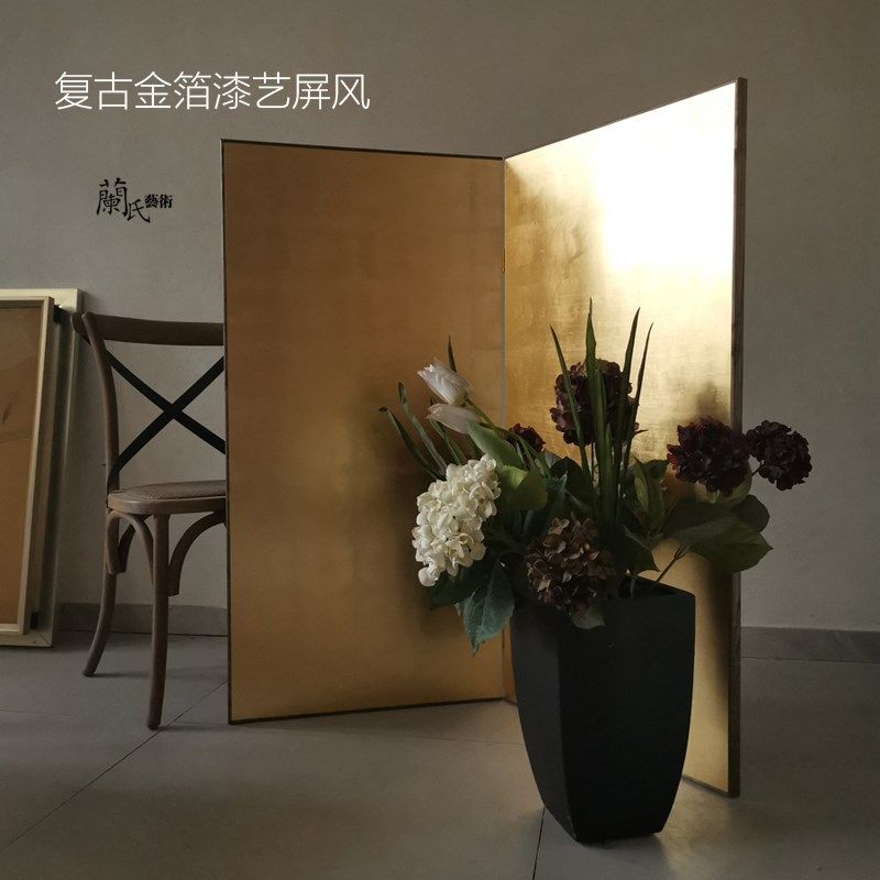 复古金箔屏风传统中式漆艺折屏日式榻榻米小屏风隔断转角背景0275