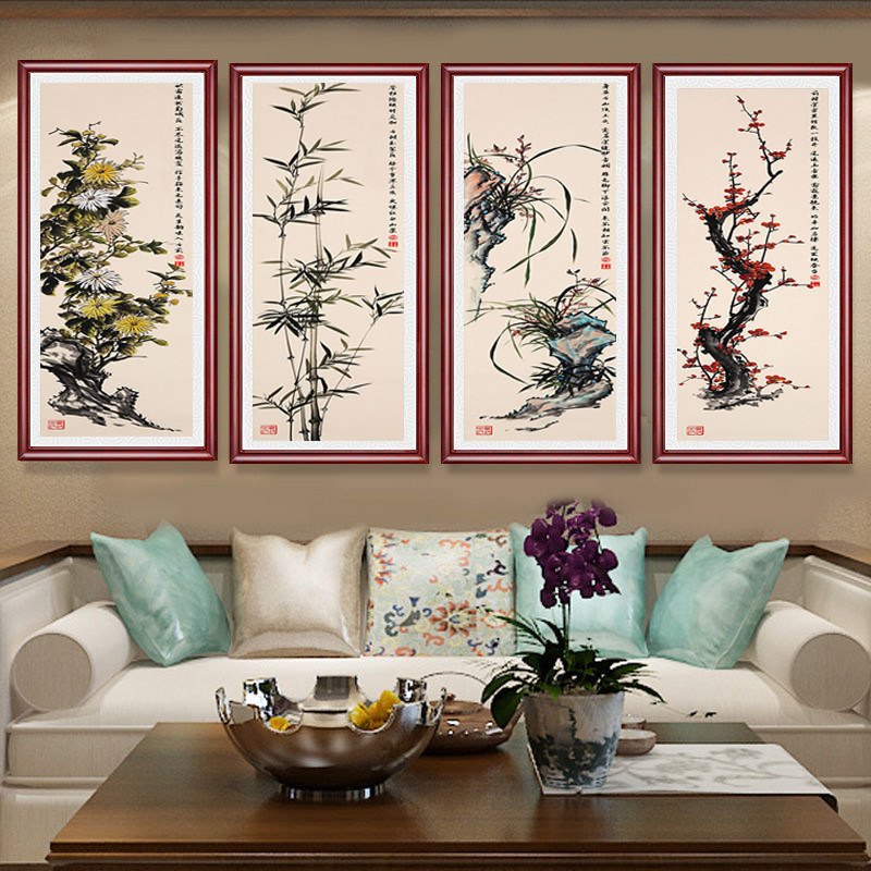 新中式客厅装饰画梅兰竹菊禅意挂画茶室书房酒店古典大气优雅壁画
