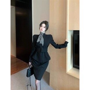 女秋季 外套波点衬衫 包臀半身裙三件套 黑色收腰西装 御姐高级感套装