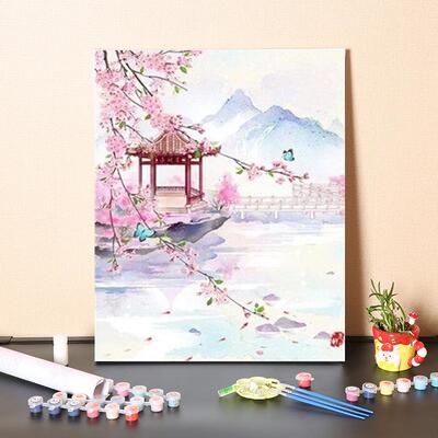 数字油画diy填充中国风古代亭台楼阁手工填色风景装饰画油彩画画