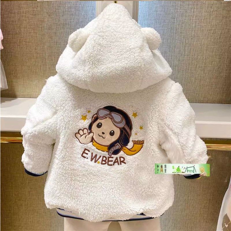 白菜价围尼熊冬款男童加厚保暖外套婴童宝宝连帽毛绒棉服验货品质