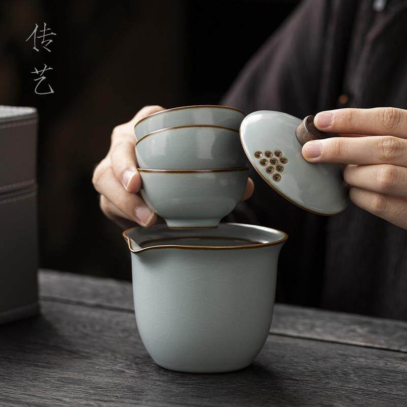 汝窑旅行茶具套装便携式快客杯随身手抓一壶三杯户外露营陶瓷功夫