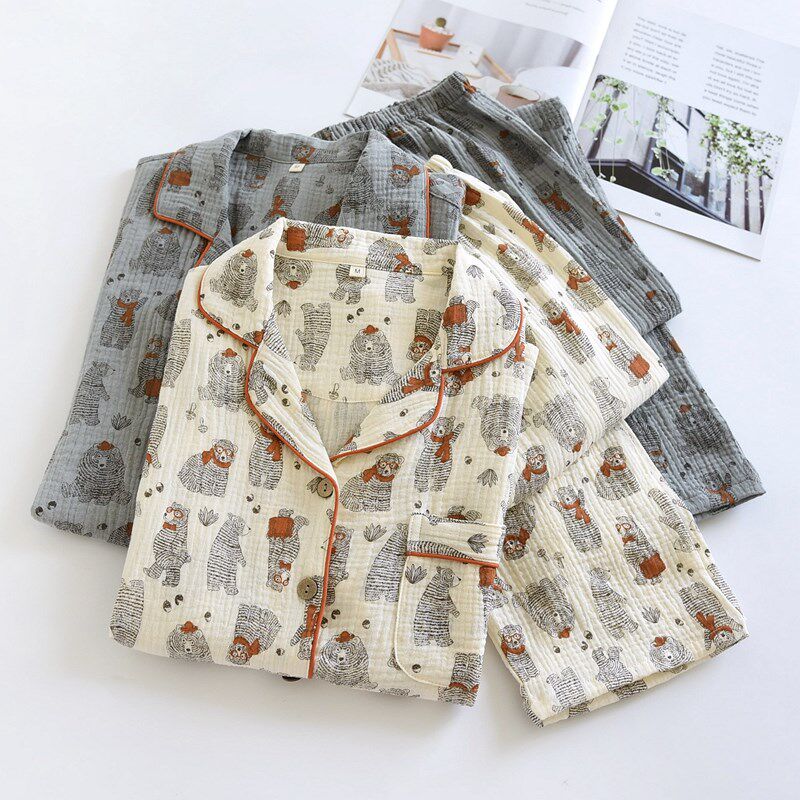 情侣纯棉纱布睡衣男女春夏薄款短袖长裤套装全棉双层婴儿棉家居服