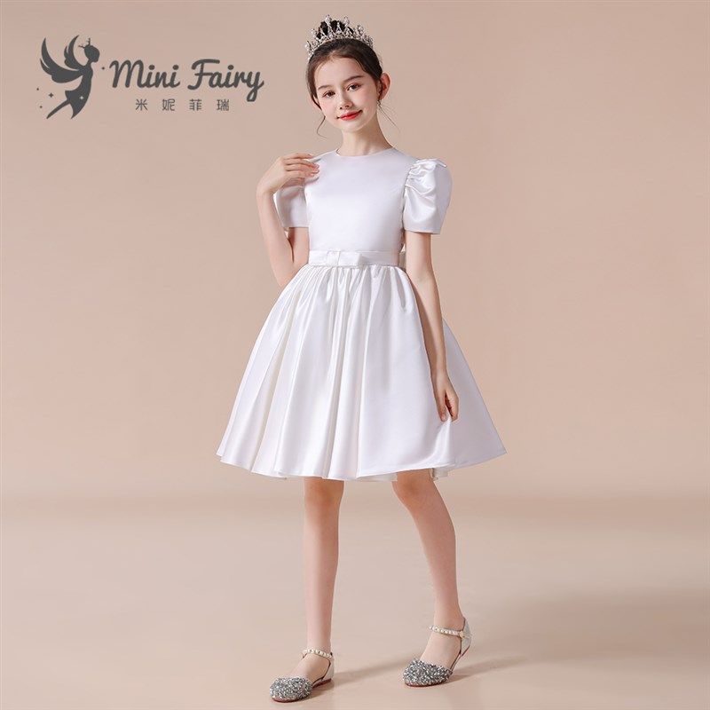 2023新款女童演出服公主裙儿童钢琴演奏礼服白色缎面演讲比赛花童