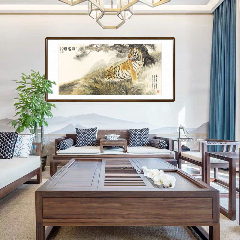 国画老虎横幅办公室挂画中式客厅背景墙装饰画镇宅招财字画雄风图