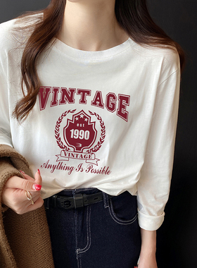 白色t恤女2024新款美式大码女装胖mm早春长袖纯棉上衣内搭打底衫