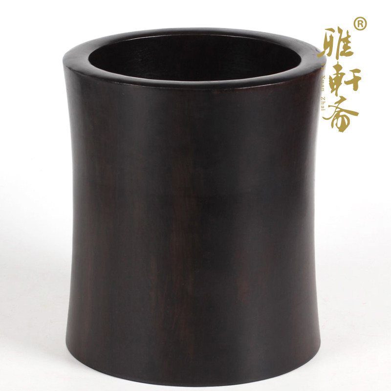 红木工艺品 木雕摆件 黑紫檀浮雕 明式素面大号笔筒 带锦盒