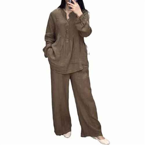 long-sleeved fashion wide-leg cotton linen placket pleated