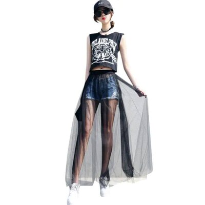 Womens Sretchy Sheer Mesh Long Skirt Tulle Maxi Skirt See T