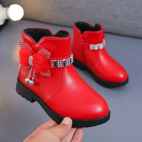 Childrens Shoes Girl Mid Length Warm Leather Boots Baby Bow