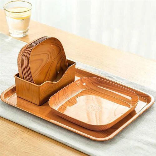 Kitchen Wood Grain Plastic Square Plate Flower Pot Tray Cup