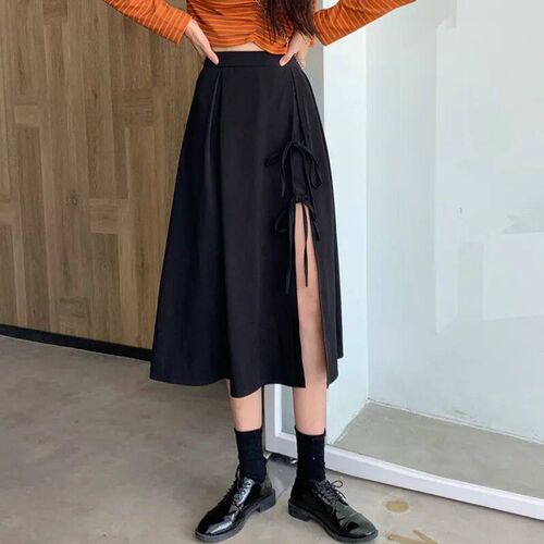 Women Midi Basic Skirt Casual Split Side Bodycon Mid Length
