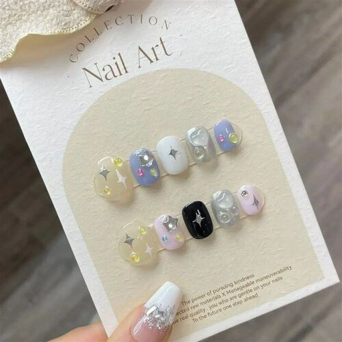 10Pcs Handmade Gothic Short Press on Nails Rhinestone Round