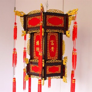 豪华涮金灯笼实木六角仿古宫灯中式仿红羊皮灯红绒布吊灯走廊三层