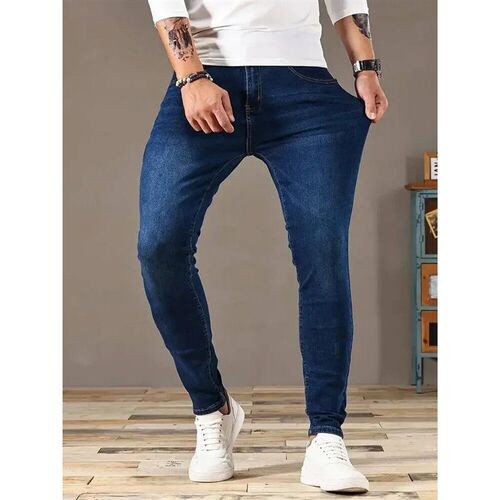 Men Jeans Stch Skinny Denim Pants Solid Color Black Blue