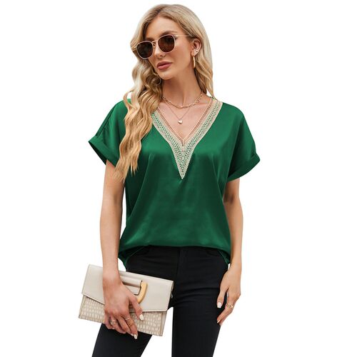 Womens V-neck Satin Short-sleeved Shirt Lace Lace Ding Top
