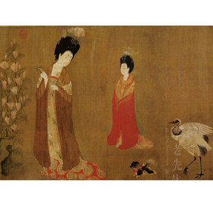 唐代美人簪花仕女图墙纸国画中式古典壁纸饭店民宿摄影背景墙壁画