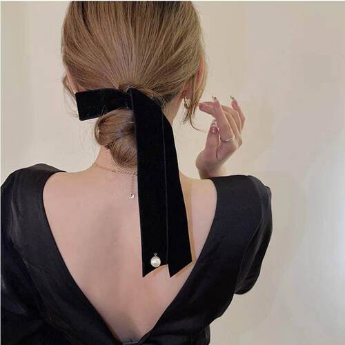 Lystrfac Vintage Velvet Hair Bow For Women Long Ribbon Pearl