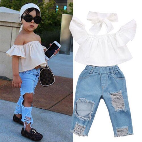 Toddler Kid Girls Clothing Off Shoulder  Sleeve ops Vest Rip