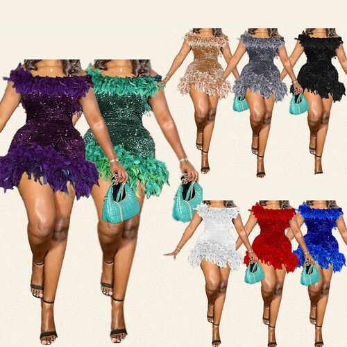 Womens Party Dress Sleeveless Shiny Sequins Feather Evening