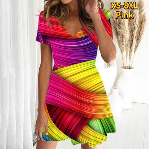 New Summer Slim Skirt Womens V-neck D Print Short Sleeve