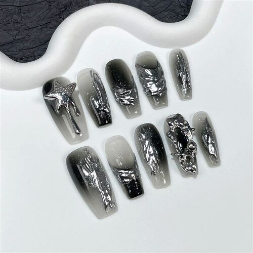 10Pcs Black Handmade Press On Nails Coffin Fake Nails Full C