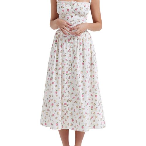 Womens Summer Midi Dress, Sleeveless Floral Print Button