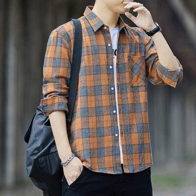New Autumn Plaid Long-sleeved Shirt Mens Slim-fit Fashionab