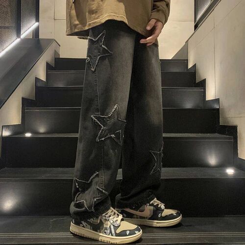 Star Embroidery Straight Casual Men Jeans Gothic Neutral New