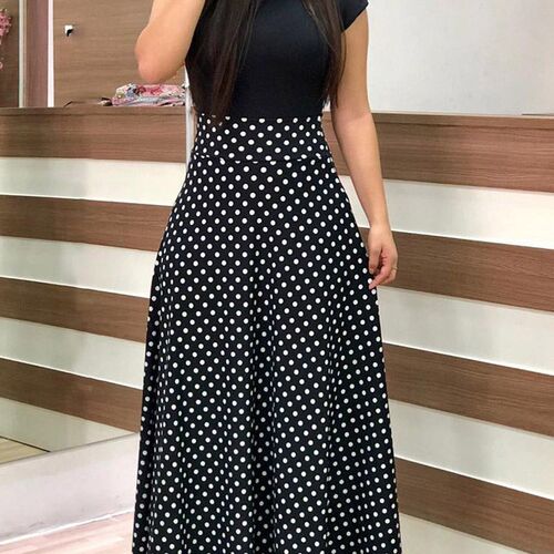 Women Polka Dot Print Patchwork Long Dresses Summer Casual