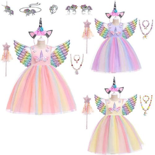 Little Girls Rainbow Unicorn Dance Party Tutu Dress Up Cospl