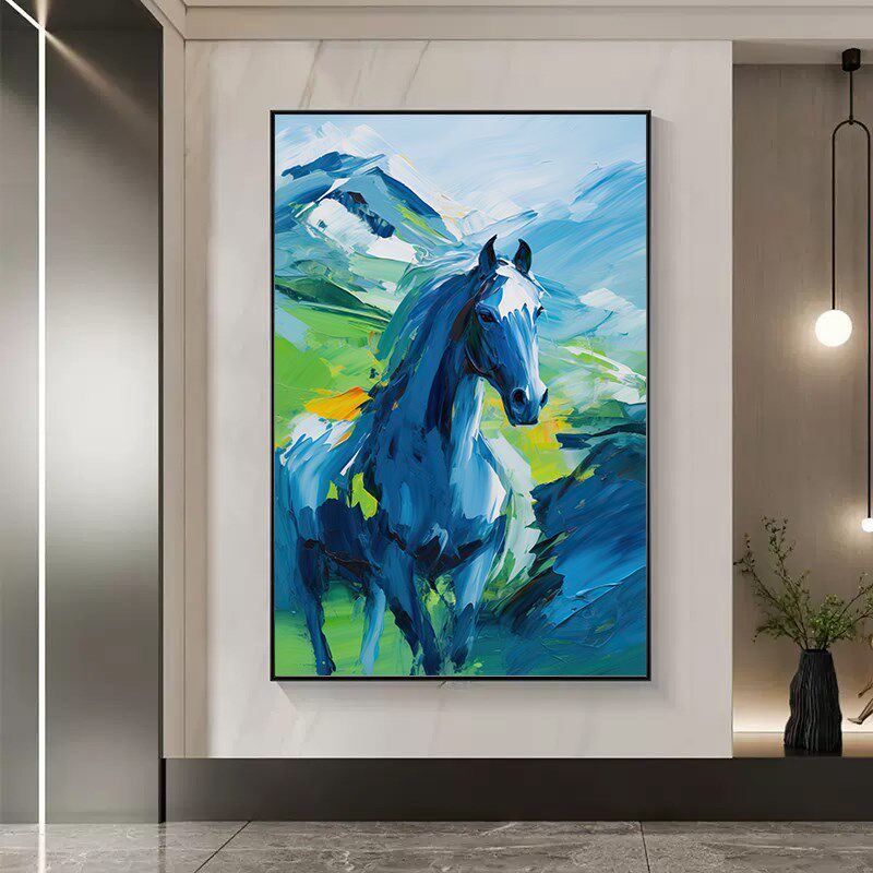 油画风抽象骏马客厅餐厅入户门现代玄关装饰画马到成功办公室挂画
