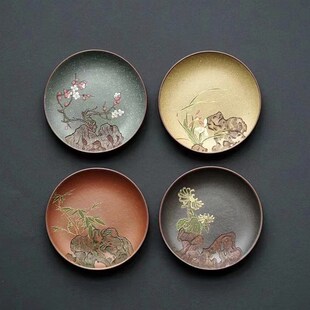 紫砂杯垫杯托精刻绘四君子壶承杯垫手工泥绘原矿底槽青 8.5x1.2cm