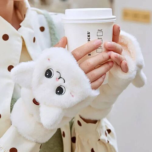 Women Plush Warm Glove Fur Lovely Rabbit Cat Mittens Flip Fi